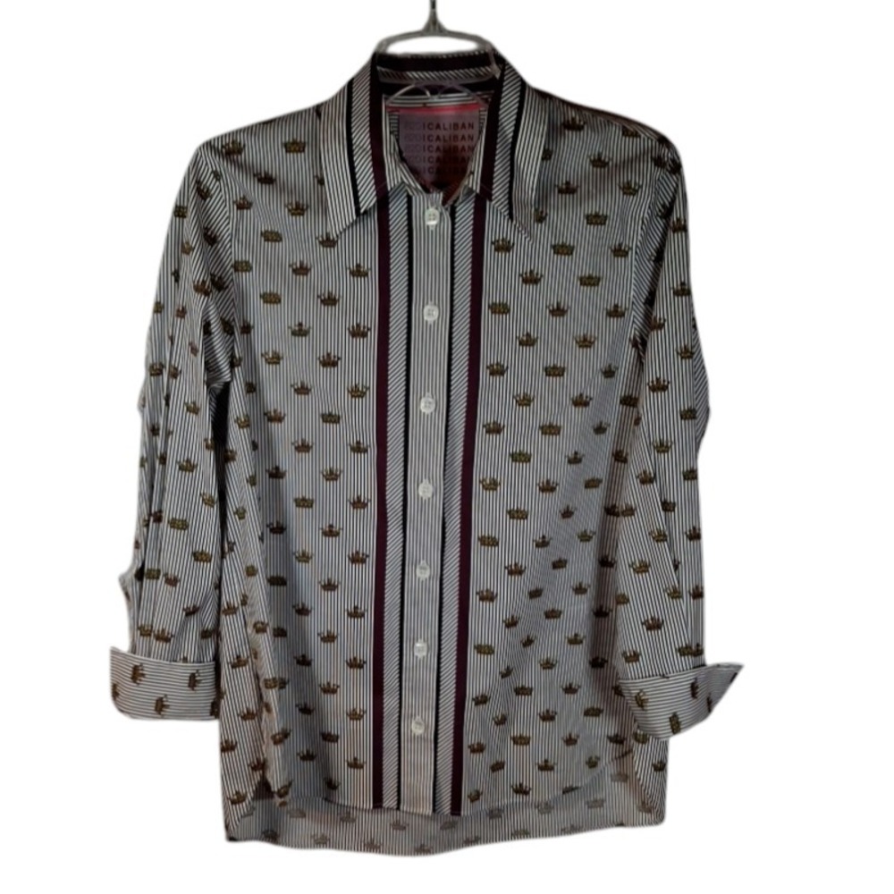 Caliban 820 Eggplant & Navy Stripe with crowns LS Shirt sz 40 Made in‎ Italy